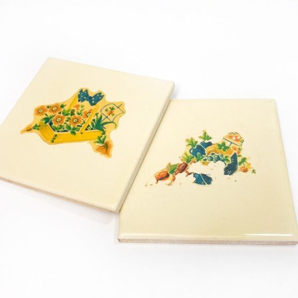 Two Butter Yellow Romany Ceramic Tiles w/ Vintage Image Transfers - Picture 2 of 9